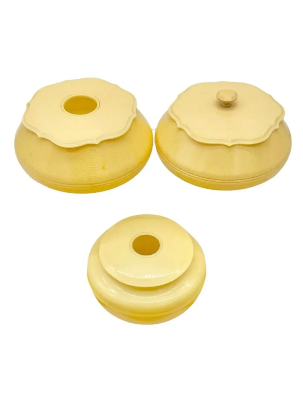 Vintage Celluloid Vanity Set Circa 1920s-30s Yellow with 3 Lidded Jars 3 Trays
